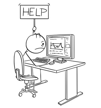 Cartoon stick drawing conceptual illustration of tired, stressed or unhappy man or businessman working on computer and holding help sign.