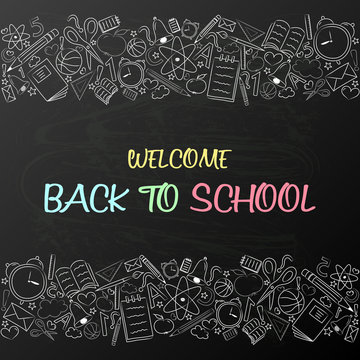 Back to school - concept of a poster with text and funny sketch. Vector.