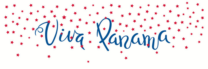 Banner template with calligraphic Spanish lettering quote Viva Panama with falling stars, in flag colors. Isolated objects. Vector illustration. Design concept independence day celebration, card.