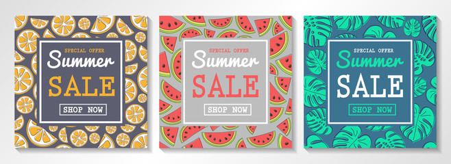 Collection of flyers for Summer Sales. Concept with watermelons, citrus fruits and tropical leaves. Vector.