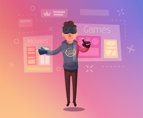 Character wear virtual reality digital glasses. Cartoon Vector Illustration