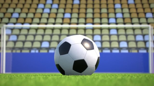 Camera zooms out from an extreme close-up to a soccer ball lying in the grass with goal and empty grandstands in the background. Tele lens. No slogans. Realistic high quality 3d animation.