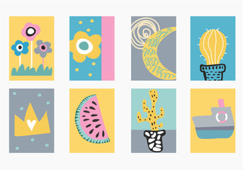 Cute kid drawing set. Hand drawn posters in scandinavian style for children, posters or banners,greeting cards. t-shirt prints. Nursery illustrations © OliaGraphics