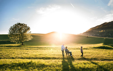 A small girl with her senior grandparents with wheelchair on a walk outside in sunset nature.