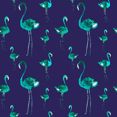 Hand Drawn Illustration With Flamingo. Exotic Summer Beach Motif. Swimwear Design, Wrapping, Background, Wallpaper, Fabric. Hawaiian Print. Jungle Birds Repeated Ornament. Aloha. Boho. Africa.