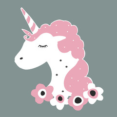 Unicorn from fairytale illustration in flat scandinavian style. Poster or t-shirt print.