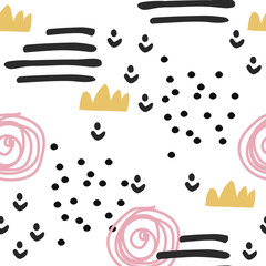 Abstract seamless pattern with grunge strokes,dots and decorative elements. For wallpaper,textile, fabric design. Children drawings.