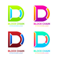Letter D logos Colorful hape with Blockchain Technology and Abstract Interlocking, Bitcoin Cryptocurrency data, Digital connect link network Concept