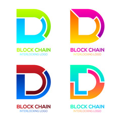 Letter D logos Colorful hape with Blockchain Technology and Abstract Interlocking, Bitcoin Cryptocurrency data, Digital connect link network Concept