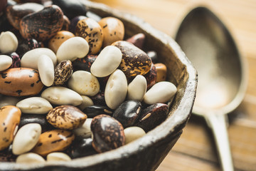 Colorful Raw Beans on Dark Wooden Background