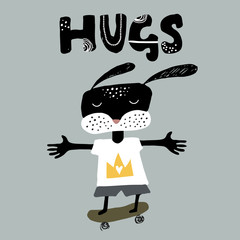 Cute rabbit on skateboard making hugs.