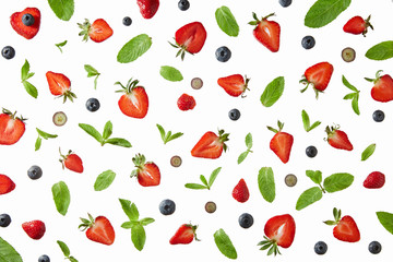 Pattern of Blueberries, strawberries and Mint on gray