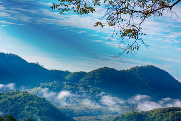 Forests, mountains, fog and blue cloudy sky are landscape in Thailand.
