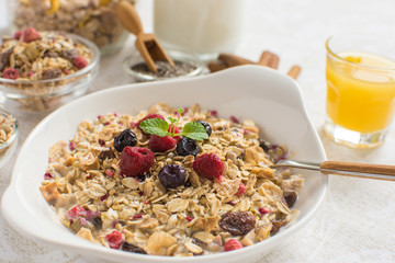 Muesli With Milk, Chia Seeds, Berries and Cinnamon as Healthy Breakfast
