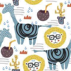 Cute seamless pattern with giraffe and lion or tiger. Animal pattern in scandinavian style. For children and kids. For textile,fabric, wrapping or poster