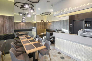 Interior of restaurant. Wooden design. Modern style.