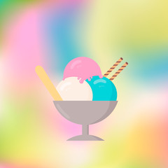 Three balls of ice cream in a cup on a colorful blurred background. Concept of summer desserts and kids celebration. Vector design template for café or restaurant decorations and menu.