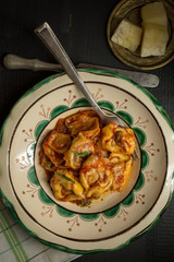 Traditional Italian Tortellini with Tomato Sauce, Mozzarella Cheese and Basil on Rustic Plate