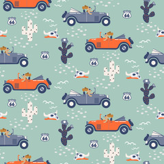 Vector seamless pattern with dogs on cars in desert.