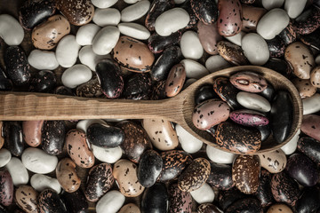 Colorful Raw Beans and Wooden Spoon on Dark Background
