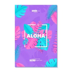 Composition ALOHA with creative pink blue jungle leaves on violet background in paper cut style. Tropical leaf white square frame, template for design poster, banner, flyer T-shirt printing, Vector.