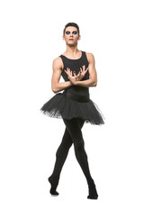 handsome ballet artist in tutu skirt