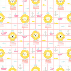 Cute sailor lion kids apparel seamless pattern design.