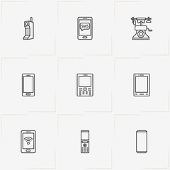 Phone line icon set with smart phone, retro home phone  and mobile wireless network