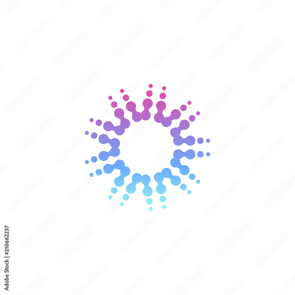 Poster circle modern vector logo template. halftone dotted icon. sun rays sign. new technology abstract sma