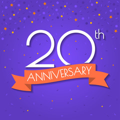20 years anniversary logo isolated on confetti background. 20th anniversary banner with ribbon. Birthday, celebration, party, invitation card design element. Vector illustration.