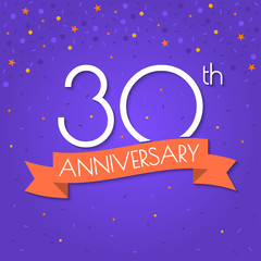 Fototapeta premium 30 years anniversary logo isolated on confetti background. 30th anniversary banner with ribbon. Birthday, celebration, party, invitation card design element. Vector illustration.