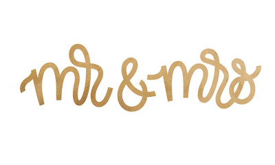 Mr and Mrs text on white background. Hand drawn Calligraphy lettering Vector illustration with golden glitter effect.