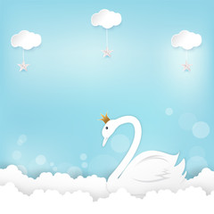 Naklejka premium Princess Swan and cloud Happy Birthday, Shower card paper art, paper craft style illustration blue background