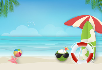 Summer holiday beach background, nautical concept. Paper art, paper craft style illustration
