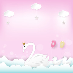 Family' s Princess Swan with balloons floating and cloud Happy Birthday, Shower card paper art style illustration pink background