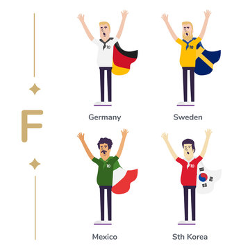World competition. Soccer fans support national teams. Football fan with flag. Germany, Sweden, Mexico, South Korea. Sport celebration. Modern flat illustration.