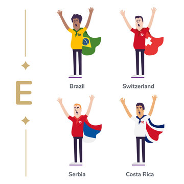 World competition. Soccer fans support national teams. Football fan with flag. Brazil, Switzerland, Serbia, Costa Rica. Sport celebration. Modern flat illustration.