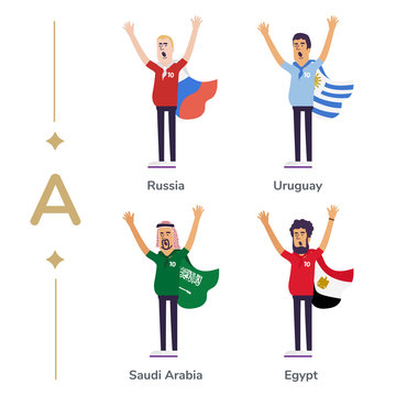 World competition. Soccer fans support national teams. Football fan with flag. Russia, Uruguay, Saudi Arabia, Egypt. Sport celebration. Modern flat illustration.