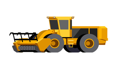 Obraz na płótnie Canvas Minimalistic icon mulcher. Wheeled stump mulcher vehicle for working at forest area. Modern vector isolated illustration.