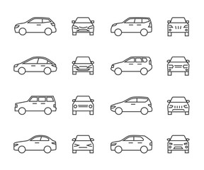 Cars front and side view line signs, auto symbols. Vehicle outline vector icons isolated on white background