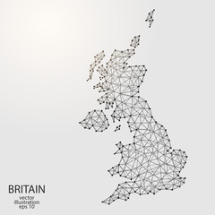 A map of Britain consisting of 3D triangles, lines, points, and connections. Vector illustration of the EPS 10.