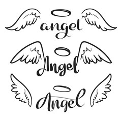 Doodle flying angel wings with halo. Sketch angelic wings. Freedom and religious tattoo vector design isolated on white background