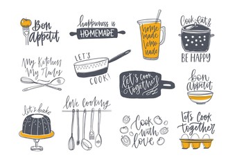 Collection of lettering handwritten with calligraphic font and decorated with kitchenware and food. Set of inscriptions and tools for cooking or homemade meals preparation. Vector illustration.