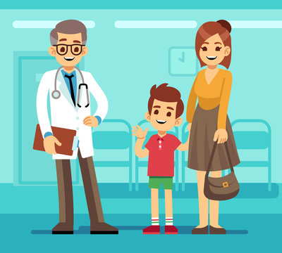 Kind smiling pediatrician doctor and mother with sick child. Pediatric care vector cartoon concept