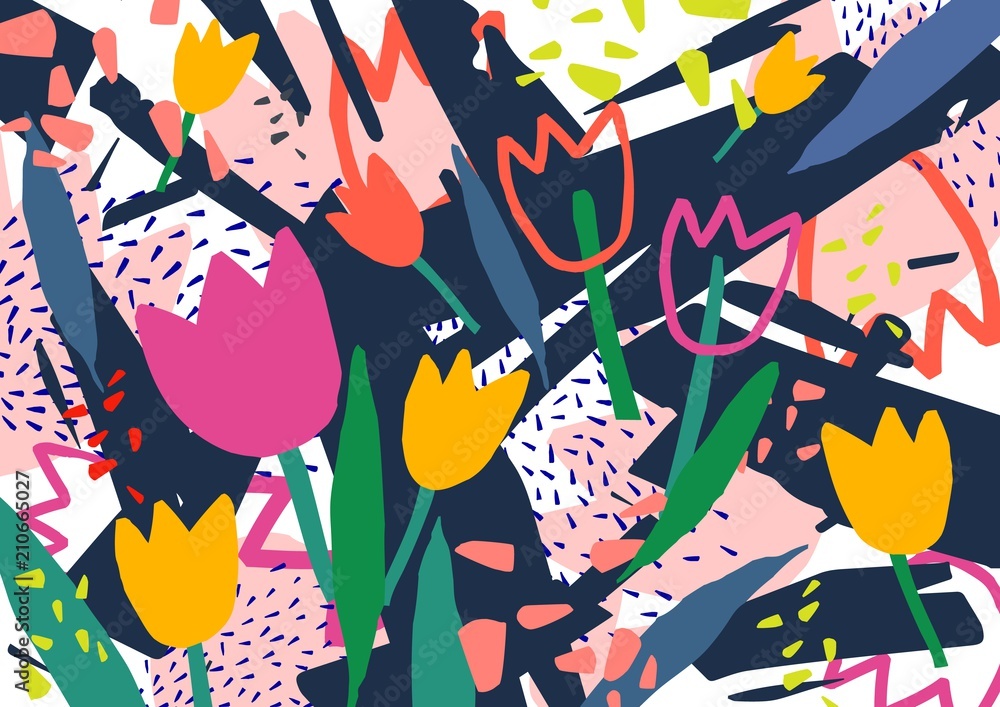 Poster creative horizontal backdrop with tulip flowers and colorful abstract stains and scribble. bright co