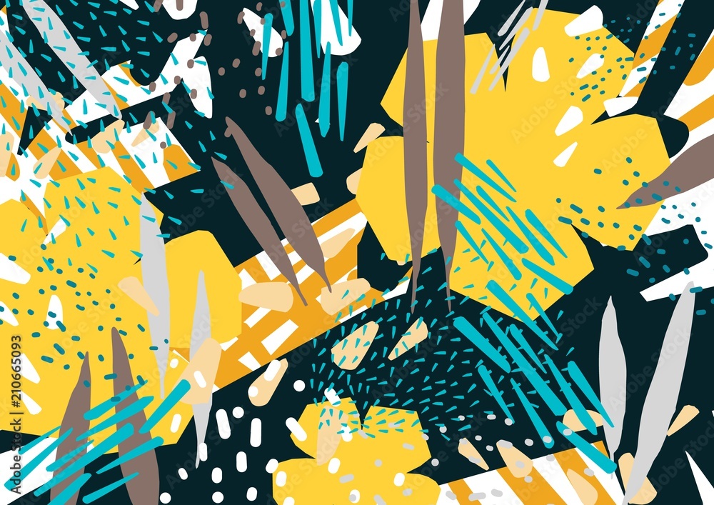 Poster natural horizontal backdrop with colorful abstract stains, smears and flowers. bright colored botani