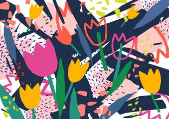 Creative horizontal backdrop with tulip flowers and colorful abstract stains and scribble. Bright colored decorative background. Trendy artistic vector illustration in contemporary art style.