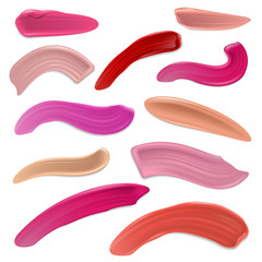 Red and pink lipstick smears, beauty makeup lip cream strokes vector set isolated on white background
