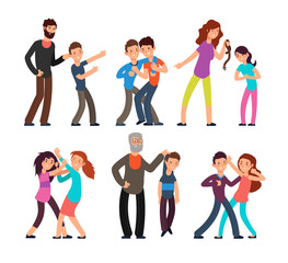 Bullying people. Students, kids fighting with angry parents and each other. Vector characters set