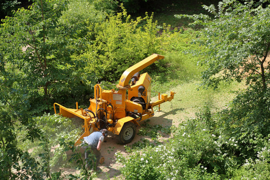 Mobile Yellow Wood And Branches Shredder In The City Park
